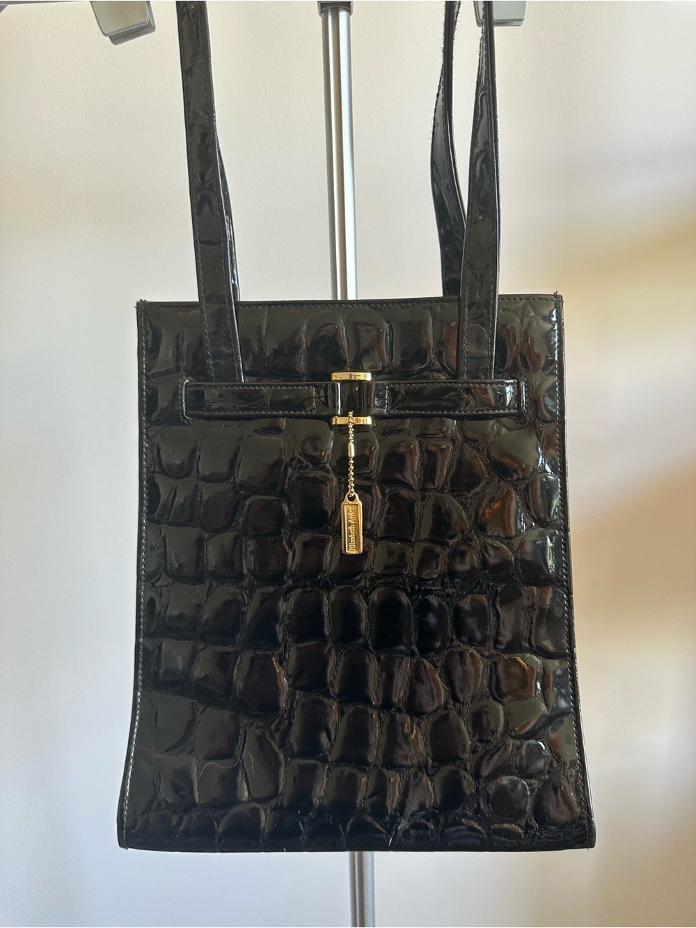 Elizabeth Arden Black Croc-Embossed Patent Shoulder Bag with Gold Charm